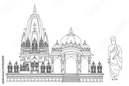 Line Drawing: Detailed Architectural Plan of an Indian Temple with Monk