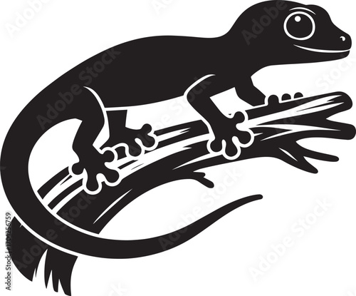 Silhouetted gecko clinging to a branch its tail curled