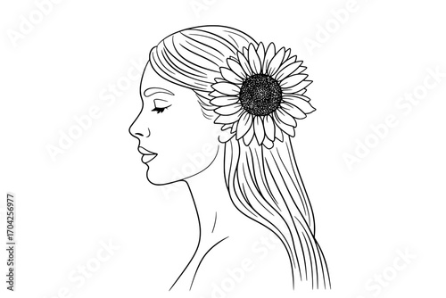 Line Art Illustration: Woman's Profile with Sunflower in Hair
