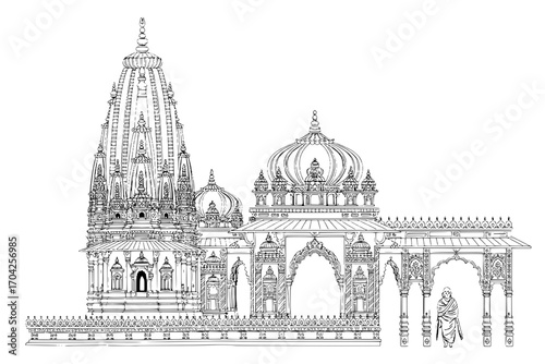 Detailed Line Drawing of an Indian Temple Complex with a Figure
