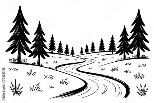 Hand-Drawn Black and White Illustration of a Winding River Through a Pine Forest
