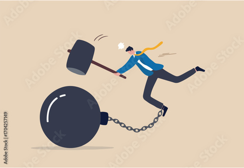 Break free or breaking bad habits or routines for freedom, pay off debt, destroy shackle or anxiety burden, escape and liberation concept, confidence businessman use hammer to break heavy chain burden