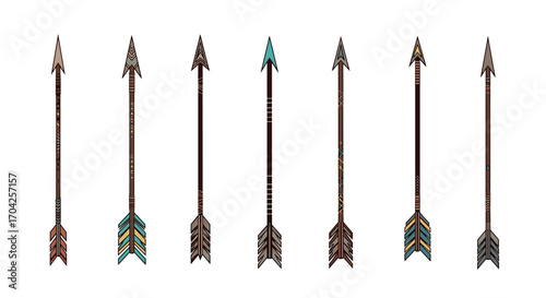 Collection of eight ornate decorative arrows displayed vertically against a white background