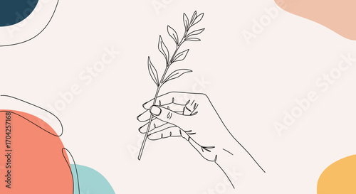 A delicate hand gently holds a single stem with leaves against a softly colored background