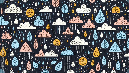 vector seamless pattern with hand drawn rain drops, clouds and sun