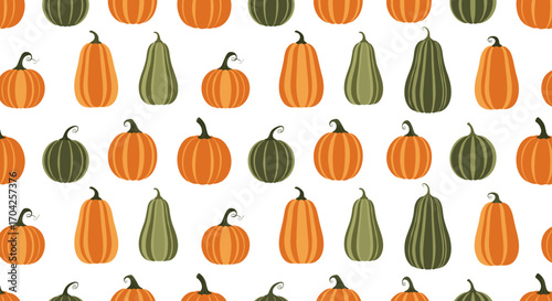 A seamless pattern of autumn harvest pumpkins and gourds in various sizes and shapes