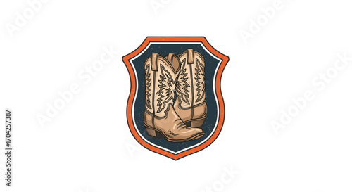 Classic western cowboy boots emblem detailed sketch design for apparel and merchandising