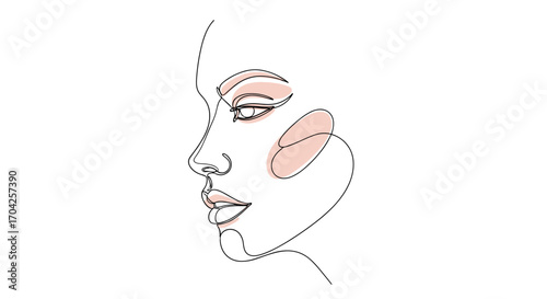 Minimalist elegant abstract line art portrait of a beautiful woman's profile featuring soft blush accents on her cheeks and eyes
