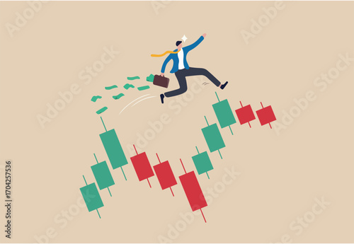 Success trader make profit with investment trading, stock market growth, get rich from Crypto trading concept, confidence businessman investor with money briefcase running on candlestick graph.