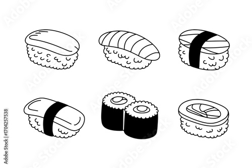 Six Black and White Line Art Sushi Icons: Nigiri, Maki, and Gunkan Styles