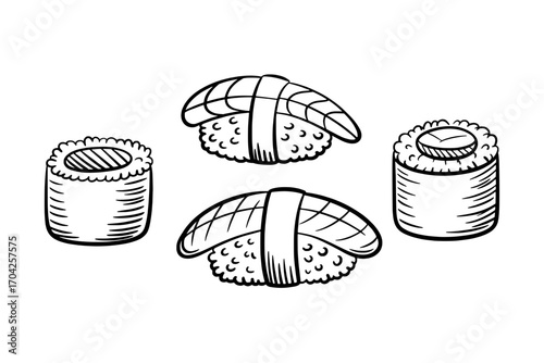 Hand-Drawn Sushi Icons: Four Types of Japanese Cuisine in Black and White