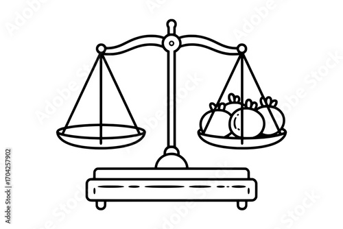 Line Art Illustration: Simple Balance Scale with Empty and Fruit-Filled Pans
