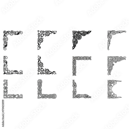 Vector art of a grid of twelve intricate black decorative corner elements in diverse patterns