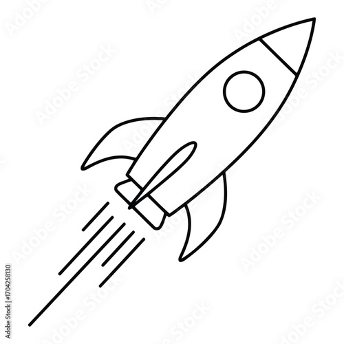 Vector art of a simple black and white line drawing of a rocket ship blasting off into space