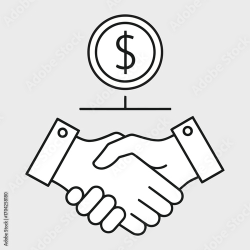 Vector art of a handshake and dollar coin icon symbolizing a business deal or agreement