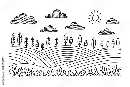 Hand-Drawn Line Art Illustration: Rolling Hills Landscape with Trees, Sun, and Clouds