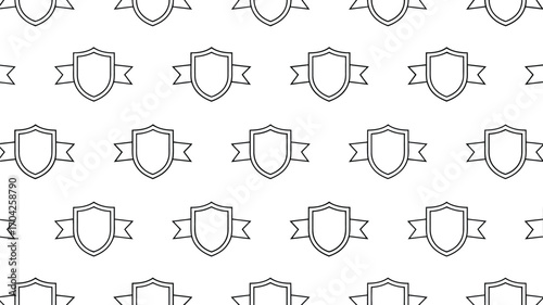 Seamless pattern of outline shields with ribbons on a white background repeated across the entire image area