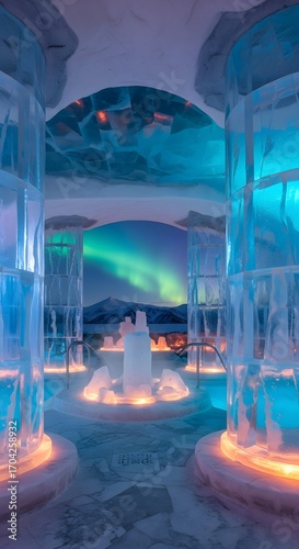 An ethereal ice hotel interior with glowing blue ice columns and sculptures, leading to a breathtaking view of the aurora borealis dancing in the night sky over snowcovered mountains