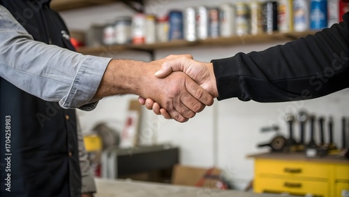 A Business Deal Handshake Concluding a Successful Negotiation with the Backdrop of a Workshop or Automotive Repair Shop