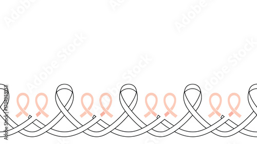 A row of intertwined black and white ribbons with pink breast cancer awareness ribbons above them aligned