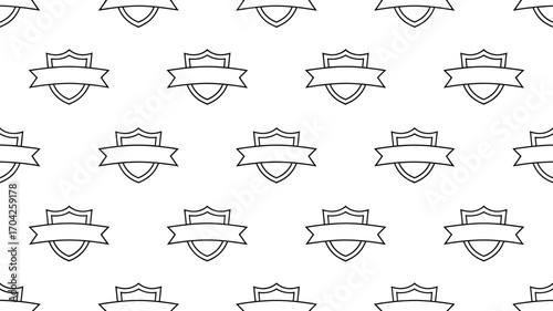 Seamless pattern of outlined shields with banners on a white background repeated symmetrically