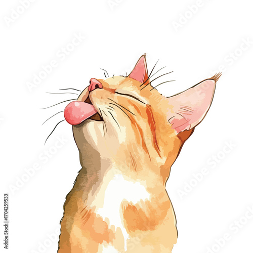 Playful Ginger Cat with Tongue Out Looking Upward with Closed Eyes