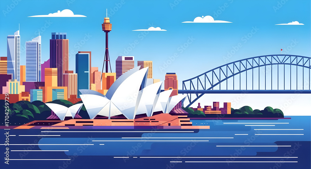 Fototapeta premium Vector illustration of Sydney skyline with Opera House and Harbour Bridge on sunny day, flat colorful travel concept