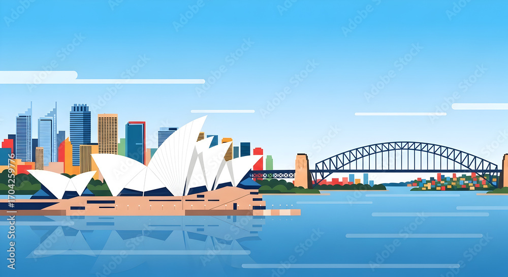 Obraz premium Vector illustration of Sydney skyline with Opera House and Harbour Bridge on sunny day, flat colorful travel concept