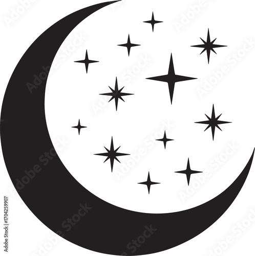 Minimalist black and white moon and stars silhouette, night sky, celestial, space, astronomy, vector art, cosmic, nighttime image.
