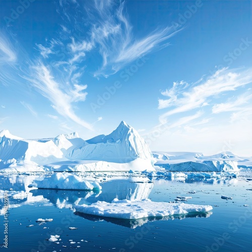 Arctic icebergs in a pristine, sunny landscape