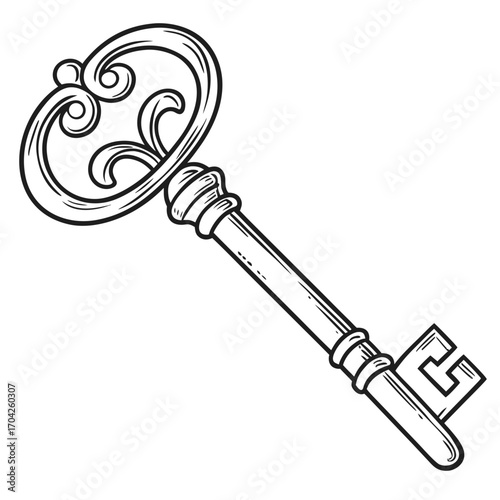 Ornate antique key with decorative scrollwork on the bow and a classic bit