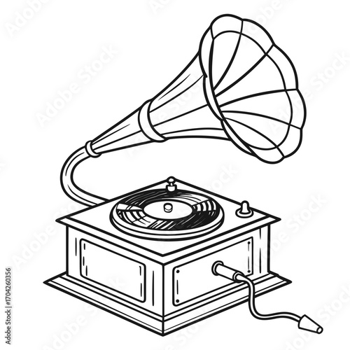 Vintage gramophone with horn and record player on white background