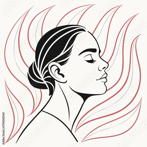 Elegant woman profile silhouette with abstract flowing lines and subtle red accents