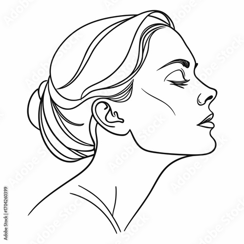 Elegant woman profile line art with closed eyes and hair pulled back in a bun