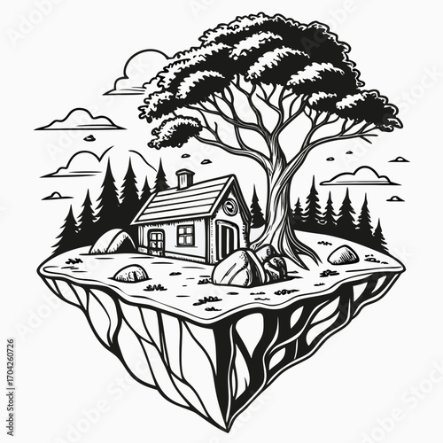 Whimsical floating island landscape with cozy house and majestic tree