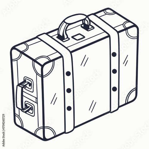 Vintage suitcase illustration with straps and handles in a simple line art style
