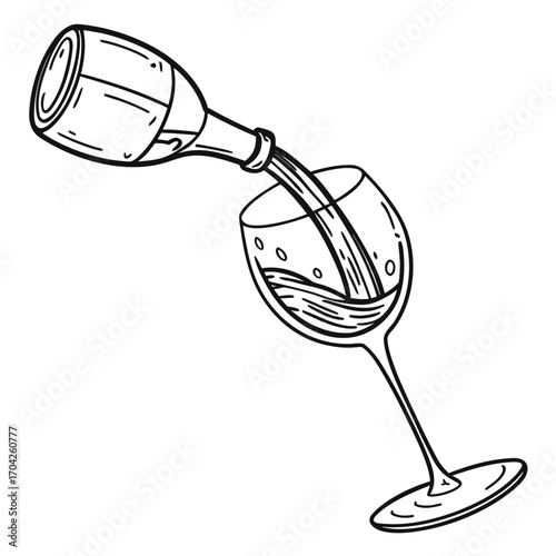 Hand drawn illustration of wine being poured from a bottle into a glass