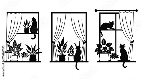 Three black cat silhouettes sitting on windowsills with potted plants and curtains vector