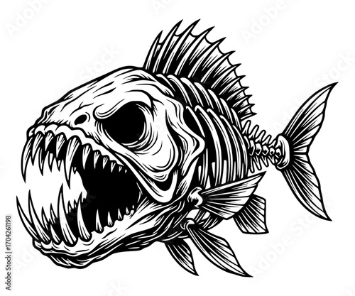 Piranha Fish Skeleton with Sharp Teeth, Fish SVG, Skeleton SVG, Spooky SVG, Sea Life SVG