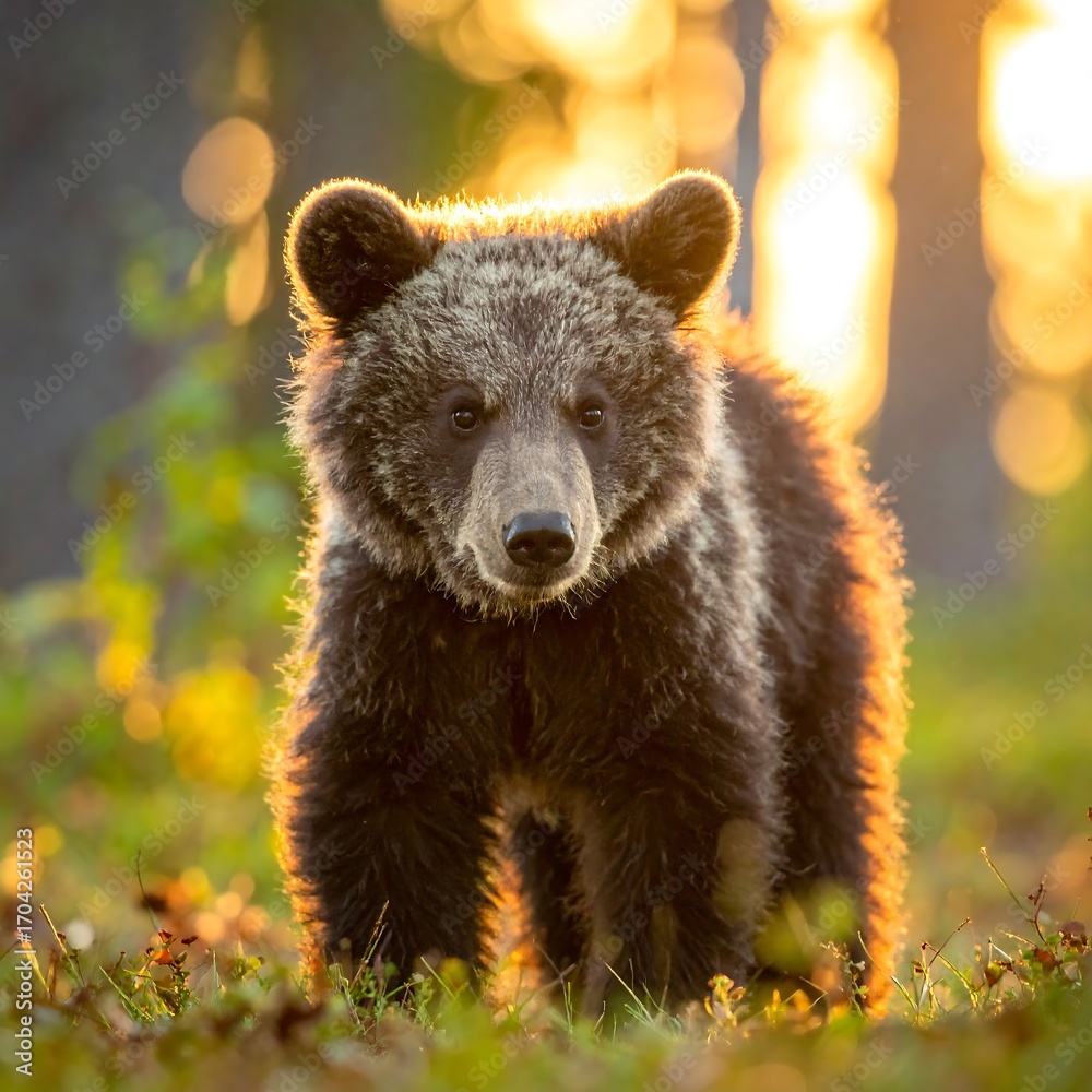Fototapeta premium Bear cub in golden forest light