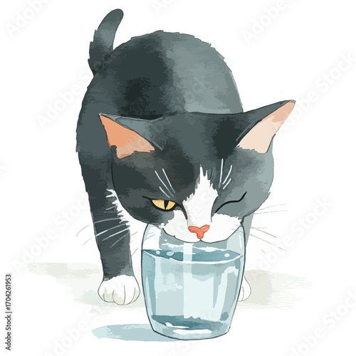 Playful Watercolor Cat Drinking from a Glass