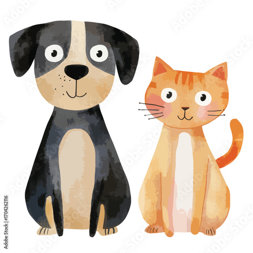 Playful Watercolor Dog and Cat Companions