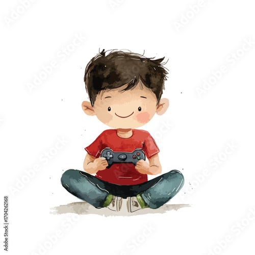 Playful Watercolor Illustration of a Boy Holding a Game Controller