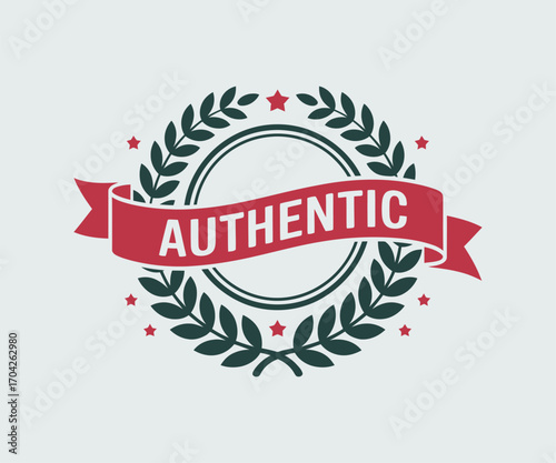 Red banner with authentic text in laurel wreath emblem
