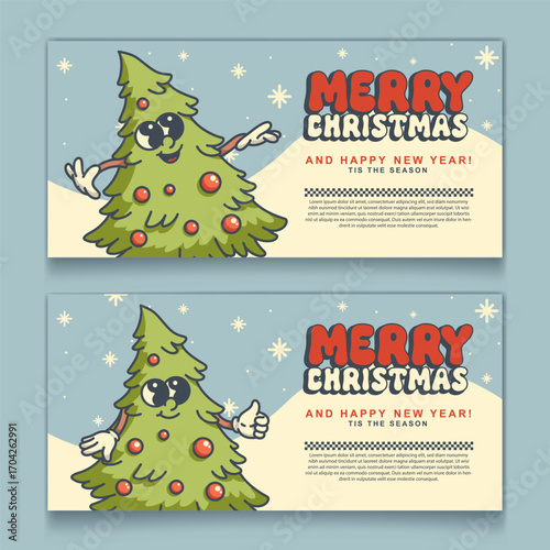 Christmas retro mascot flyer with fluffy tree and ornaments vibrant horizontal design for festive advertisements
