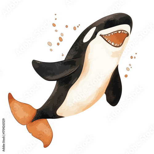 Smiling Orca Whale with Open Mouth and Water Droplets Illustration