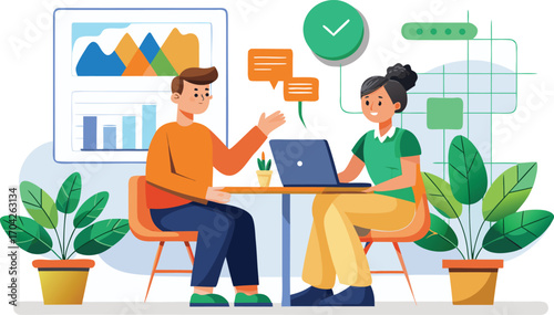 Team Collaboration in Modern Office Illustration Two Colleagues Discussing Project with Data Visualization and Positive Feedback Loop for Enhanced Productivity