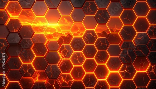 Hexagonal grid wall, fiery orange glow, cracked stone