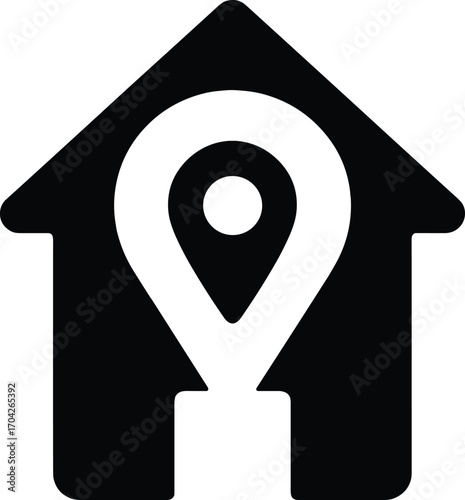 House location pin icon, black and white vector illustration
