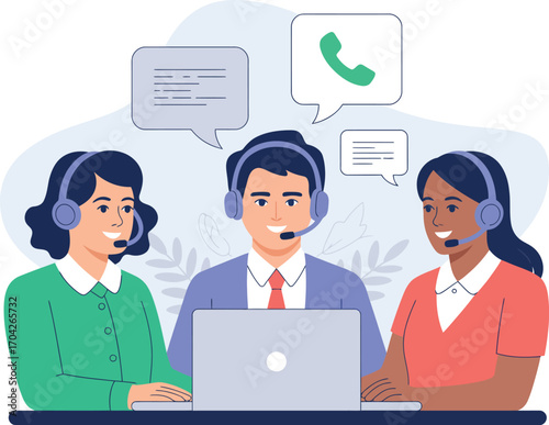 Customer service team communicating with clients via headsets and computers for excellent support